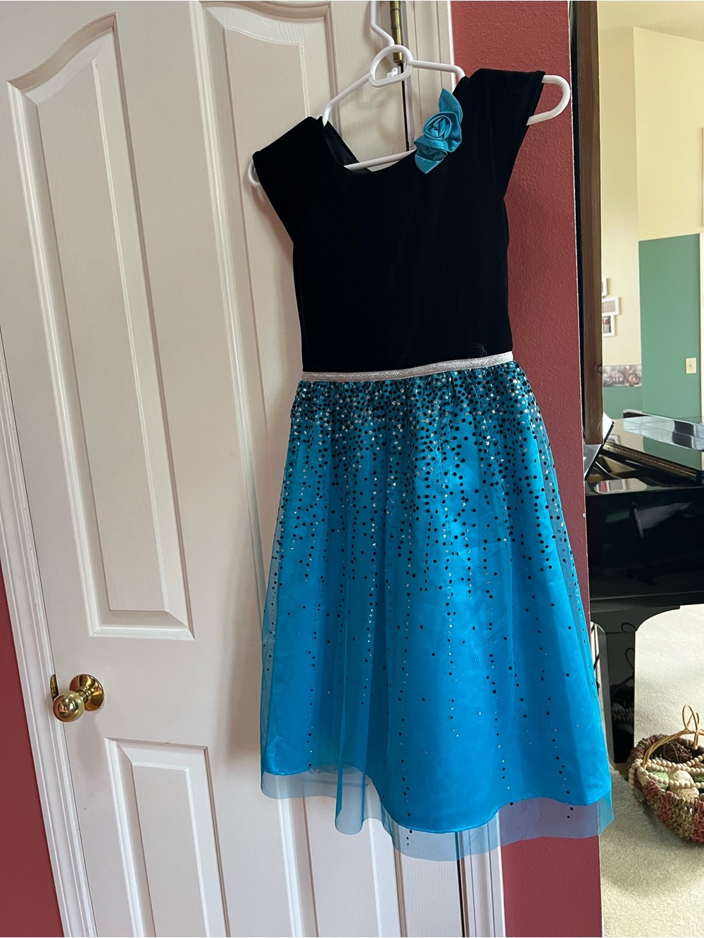 Jona Michelle Black Velvet and Teal Sparkle A-Line Dress